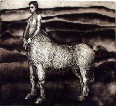 Self-Portrait in Back-to-the-Land Garb, etching/aquatint, 16&quot;x18&quot;
