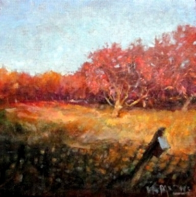 Autumn Evening with Woven Wire, oil on linen, 10&quot;x 10&quot;