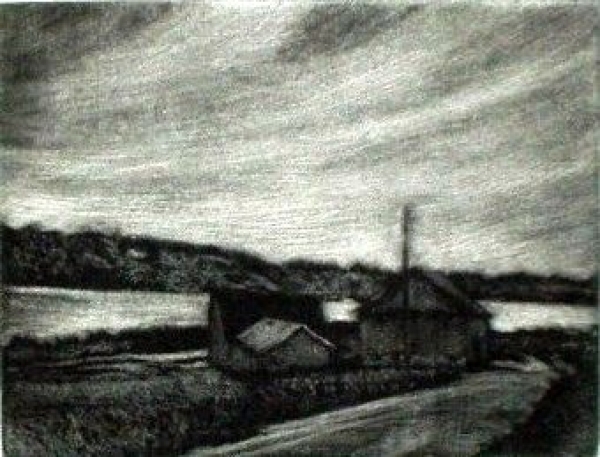 Farm, Borodino, mezzotint, 4&quot;x5&quot;