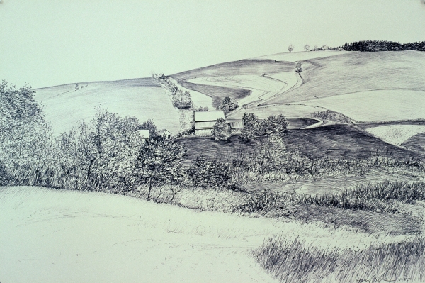 Tokaido#26, &quot;Hill Farm, Delaware County&quot;, ballpoint pen, 12&quot;x18&quot;