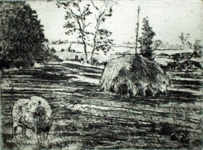 Haystack with Sheep, etching, 3&quot;x5&quot;