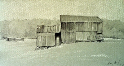 Patched Barn, Inlet Valley, pencil/chalk, 7&quot;x12&quot;