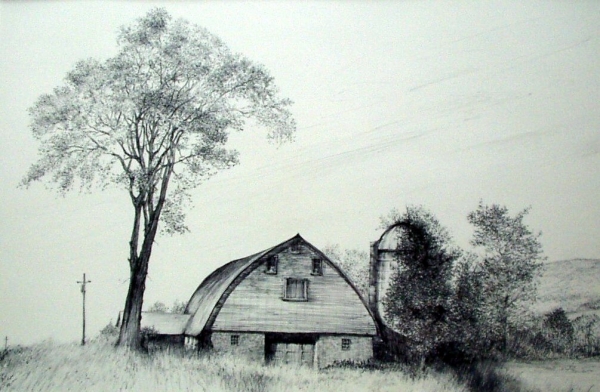 Tokaido#37, &quot;Elm and Barn on Rte.206&quot;, ballpoint pen, 12&quot;x18&quot;