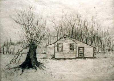 Wee House with Sprouted Stump, engraving, 6&quot;x8&quot;